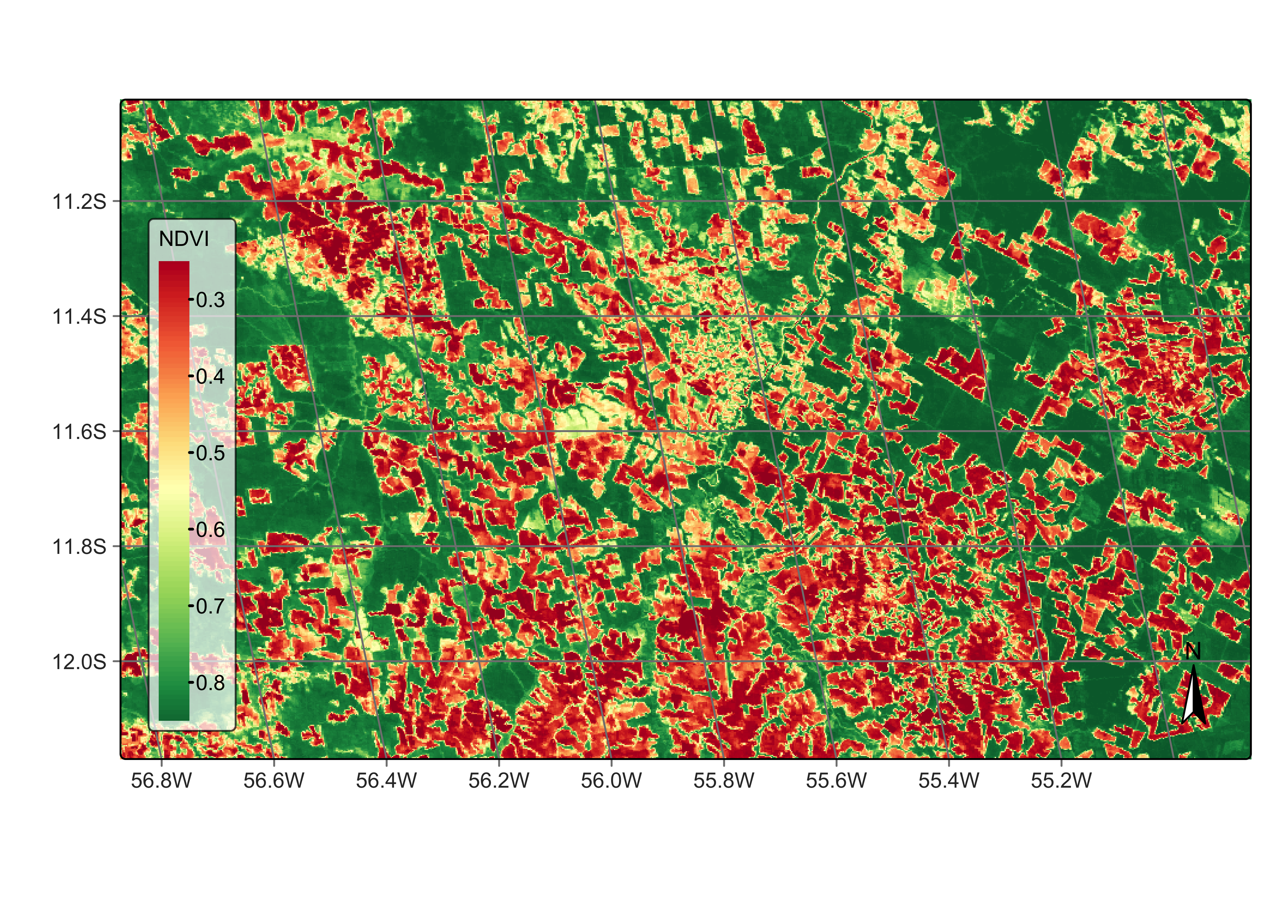 False color MODIS image for NDVI band in 2013-09-14 from sinop data cube (source: Brazil Data Cube).