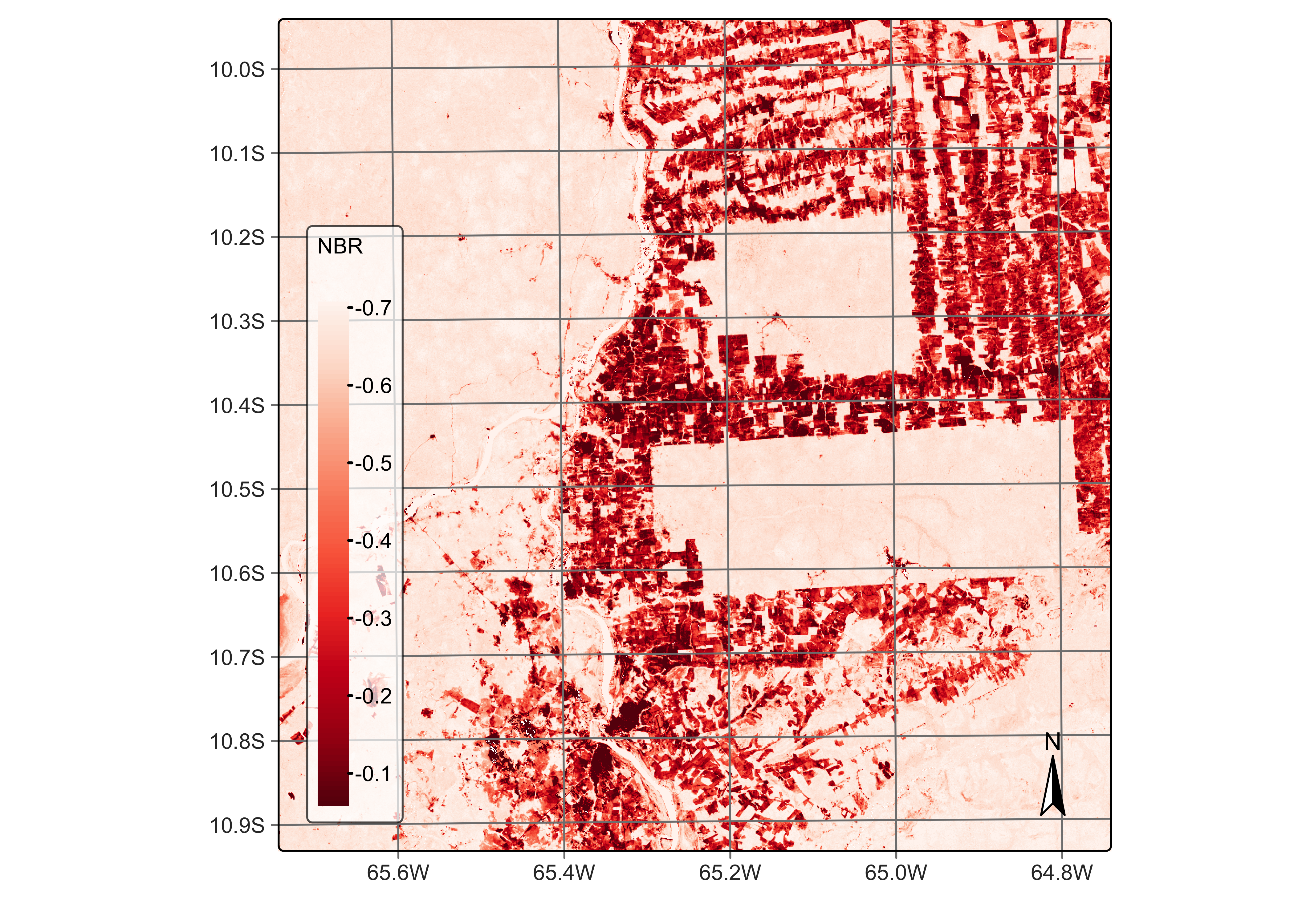 NBR ratio using Sentinel-2 B11 and B8A (&copy; EU Copernicus Programme modified by authors).