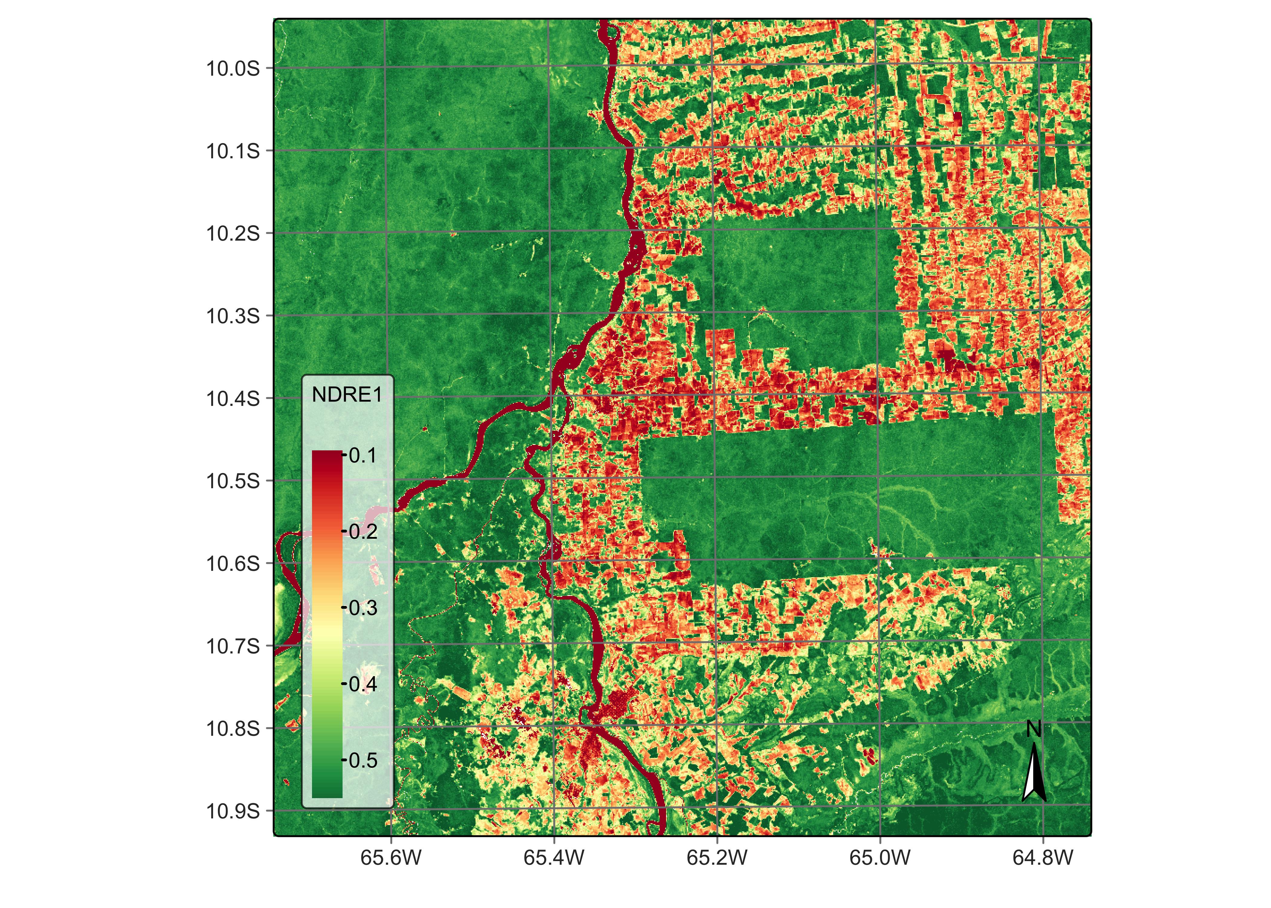 NDRE1 using bands B06 and B05 of Sentinel-2 (&copy; EU Copernicus Programme modified by authors).