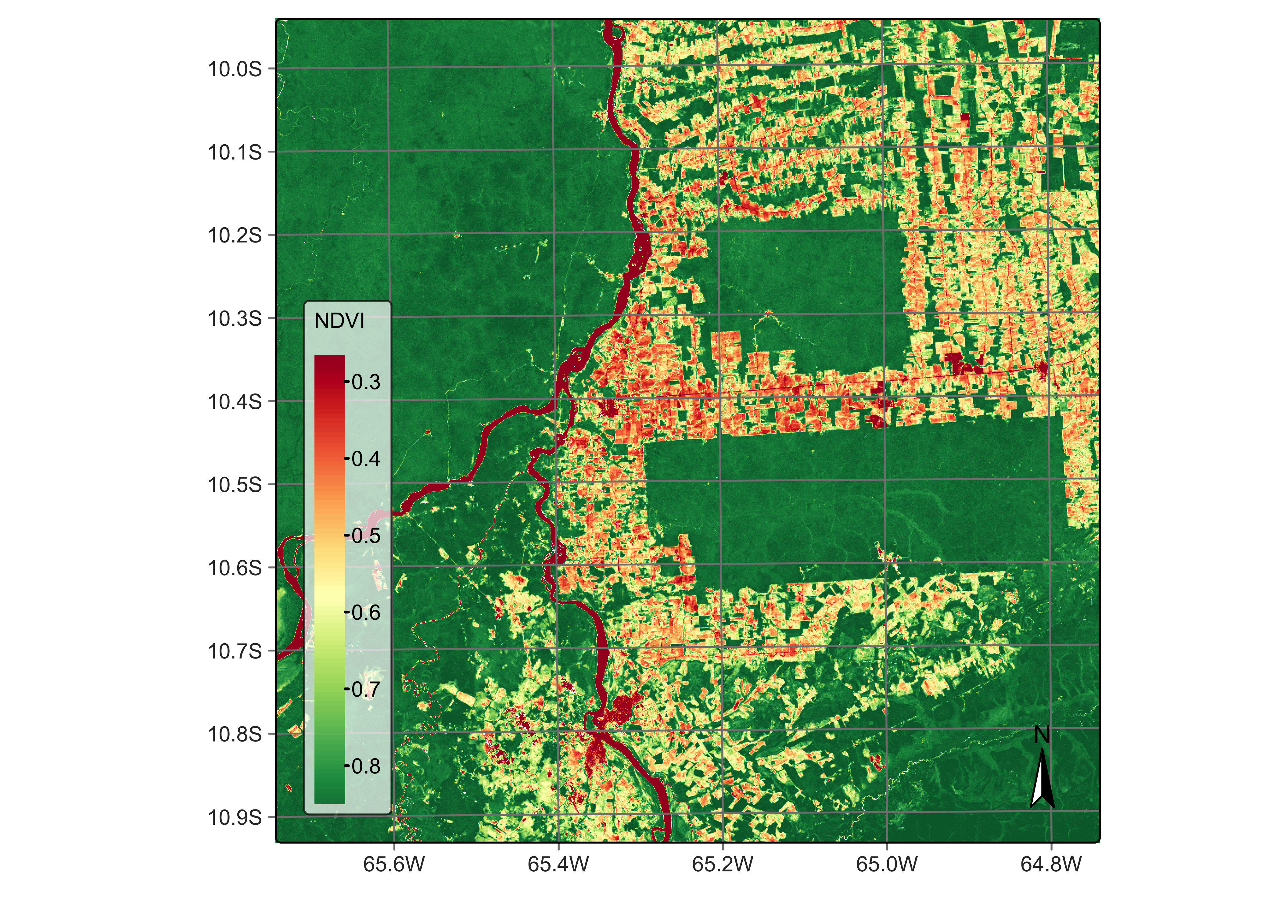 NDVI using bands B08 and B04 of Sentinel-2 (&copy; EU Copernicus Programme modified by authors).