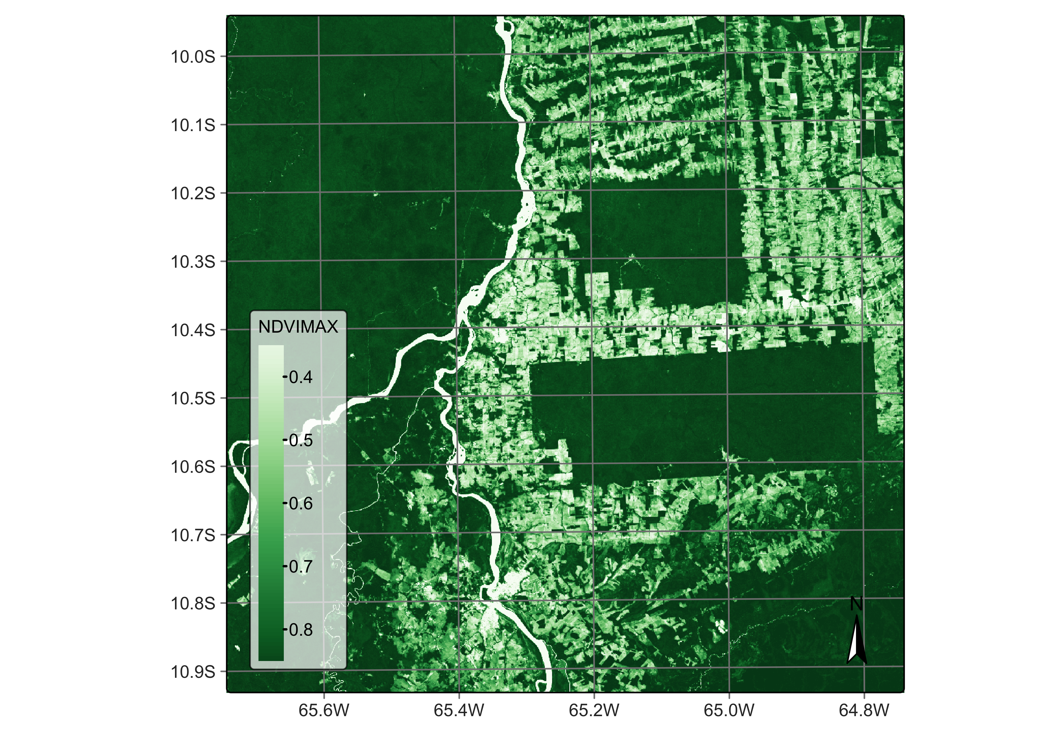 maximum NDVI for Sentinel-2 cube (&copy; EU Copernicus Programme modified by authors).