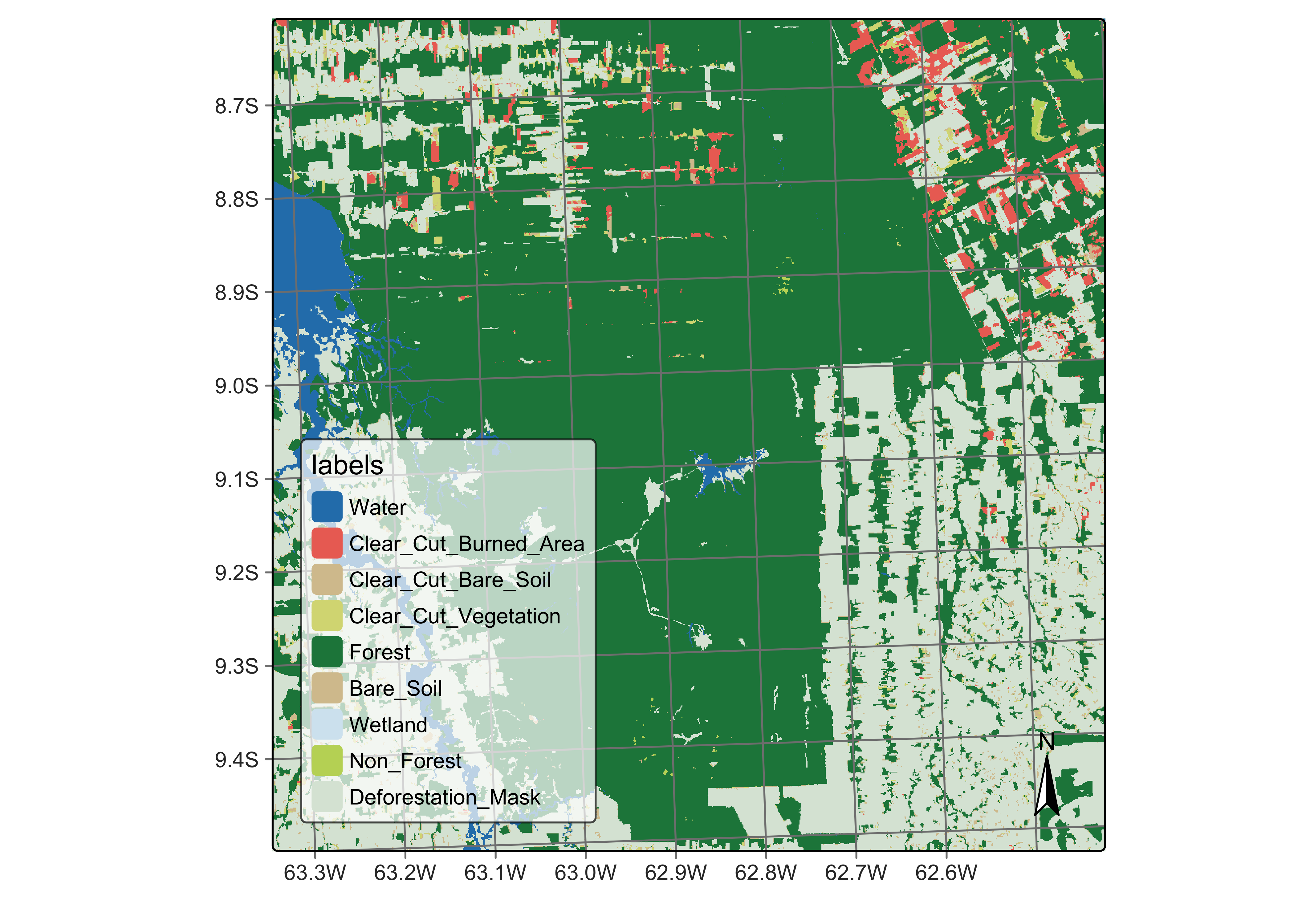 Deforestation map by sits masked by PRODES map (source: authors).