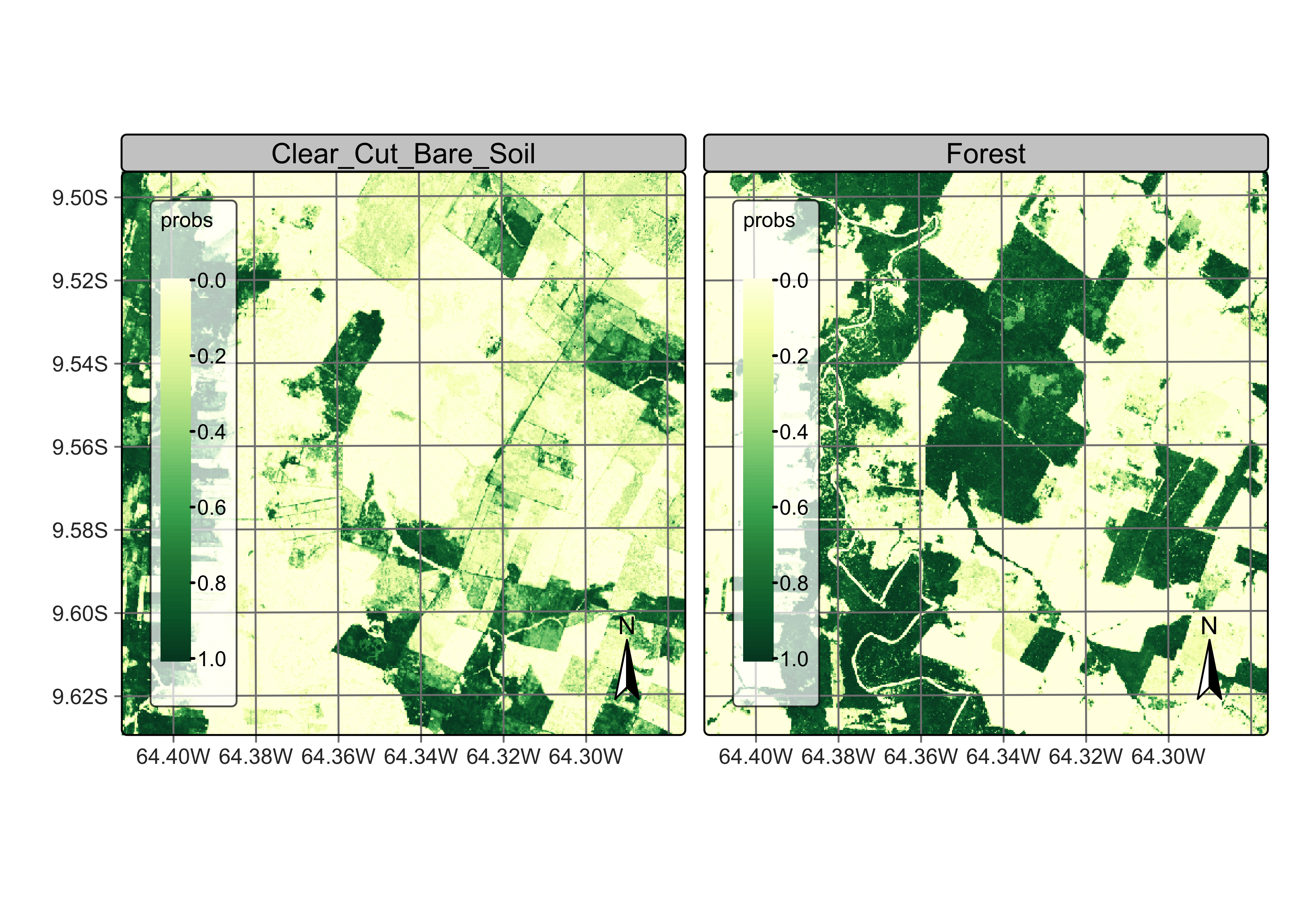 Probability map produced for classes Forest and Clear_Cut_Bare_Soil (source: authors).