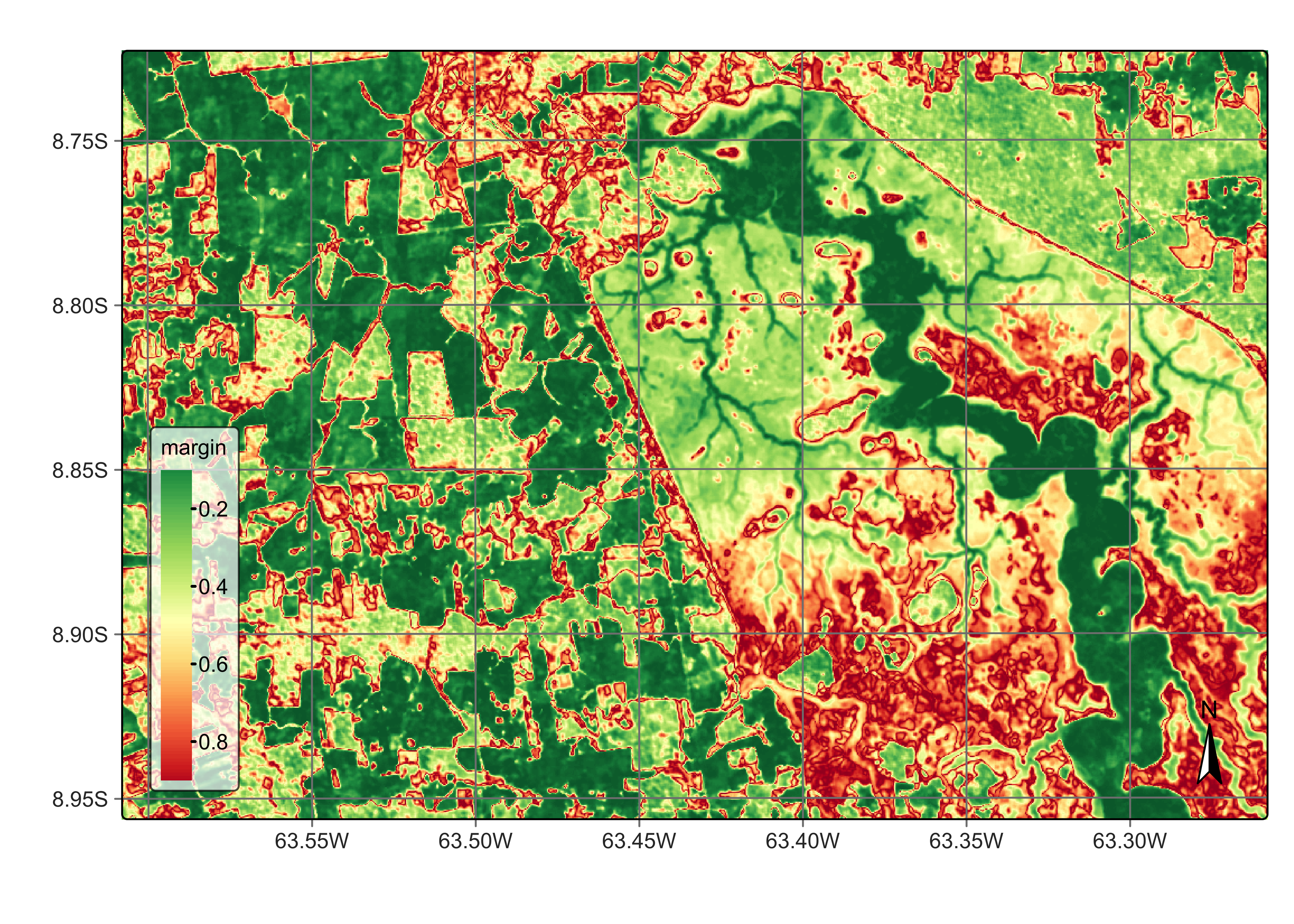 Uncertainty map for classification in Rondonia near Samuel dam - improved model (source: authors).