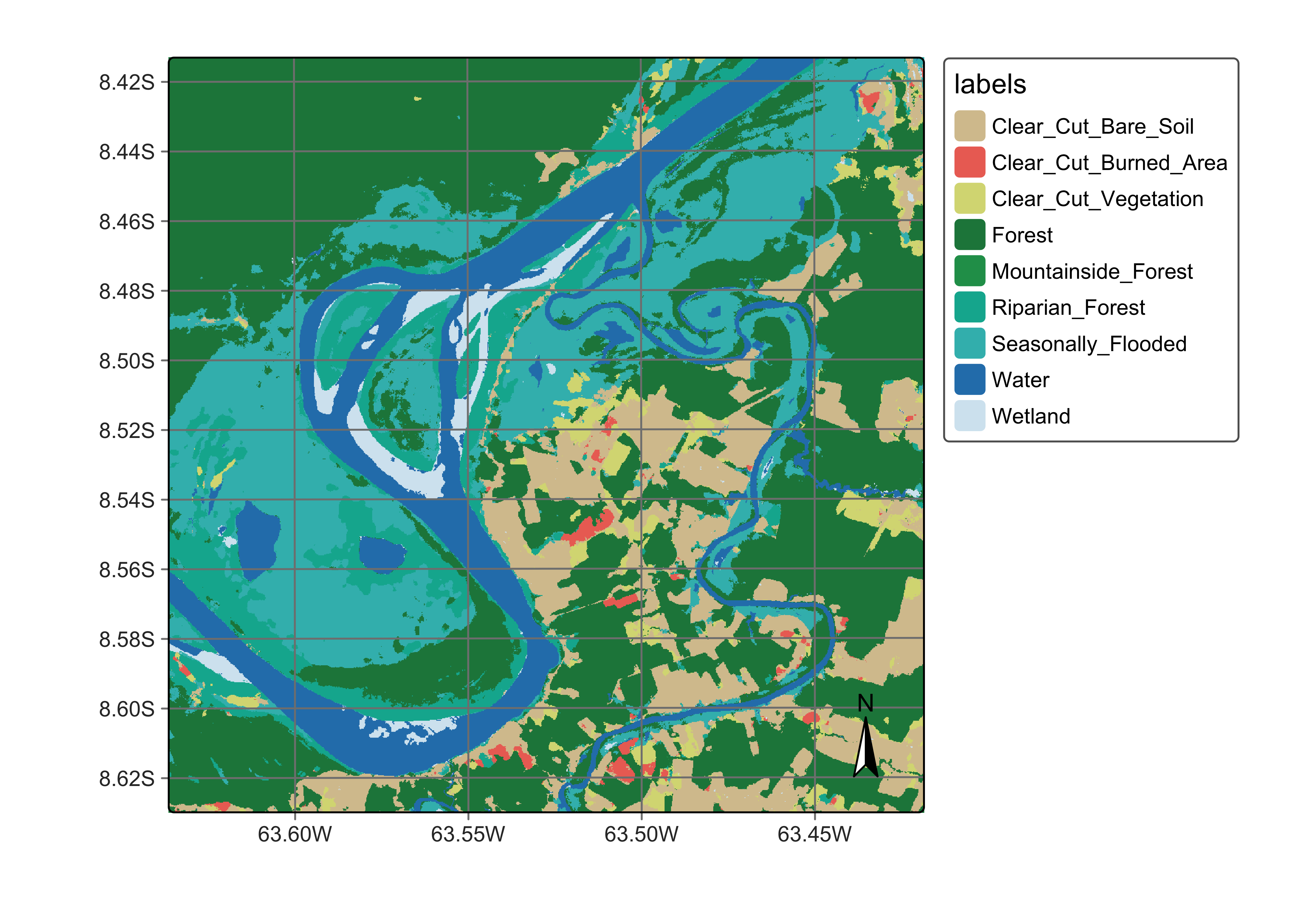 Land classification in Rondonia using the average of the probabilities produced by Random Forest and SVM algorithms (source: authors).