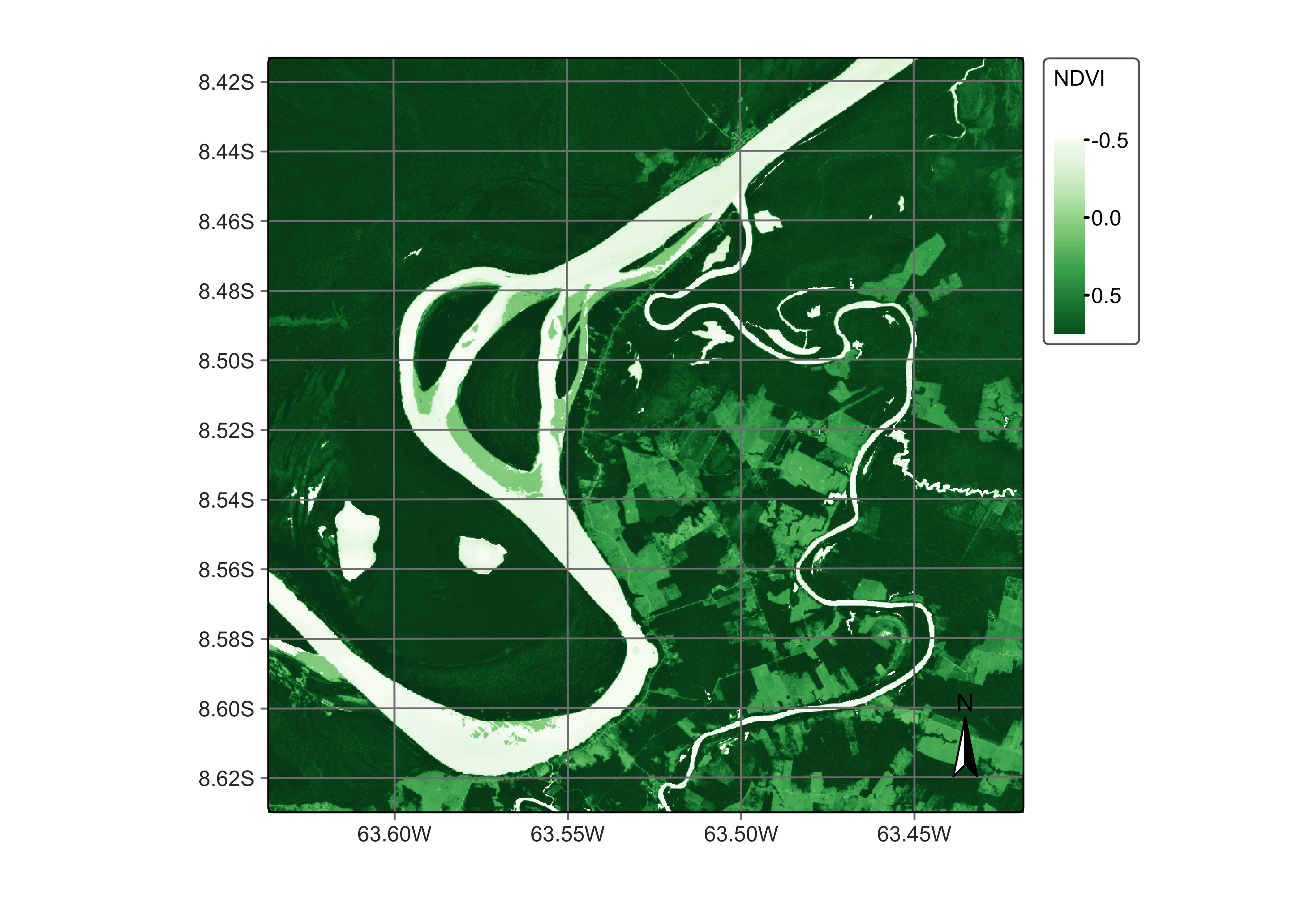 Sentinel-2 NDVI index covering tile 20LMR (&copy; EU Copernicus Sentinel Programme; source: Microsoft modified by authors).