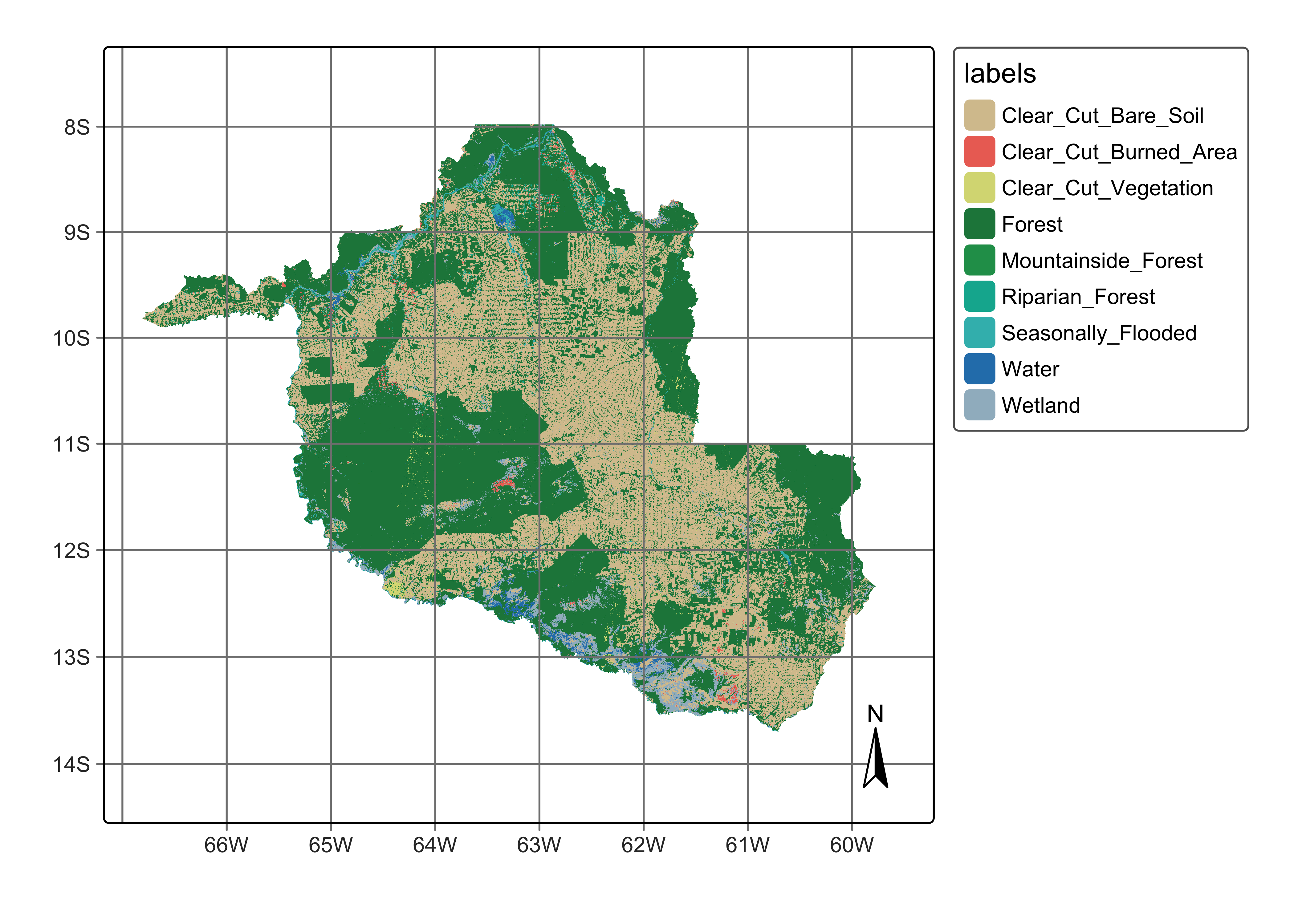 Classified data cube for the year 2022 for Rondonia, Brazil (&copy; EU Copernicus Sentinel Programme; source: authors).