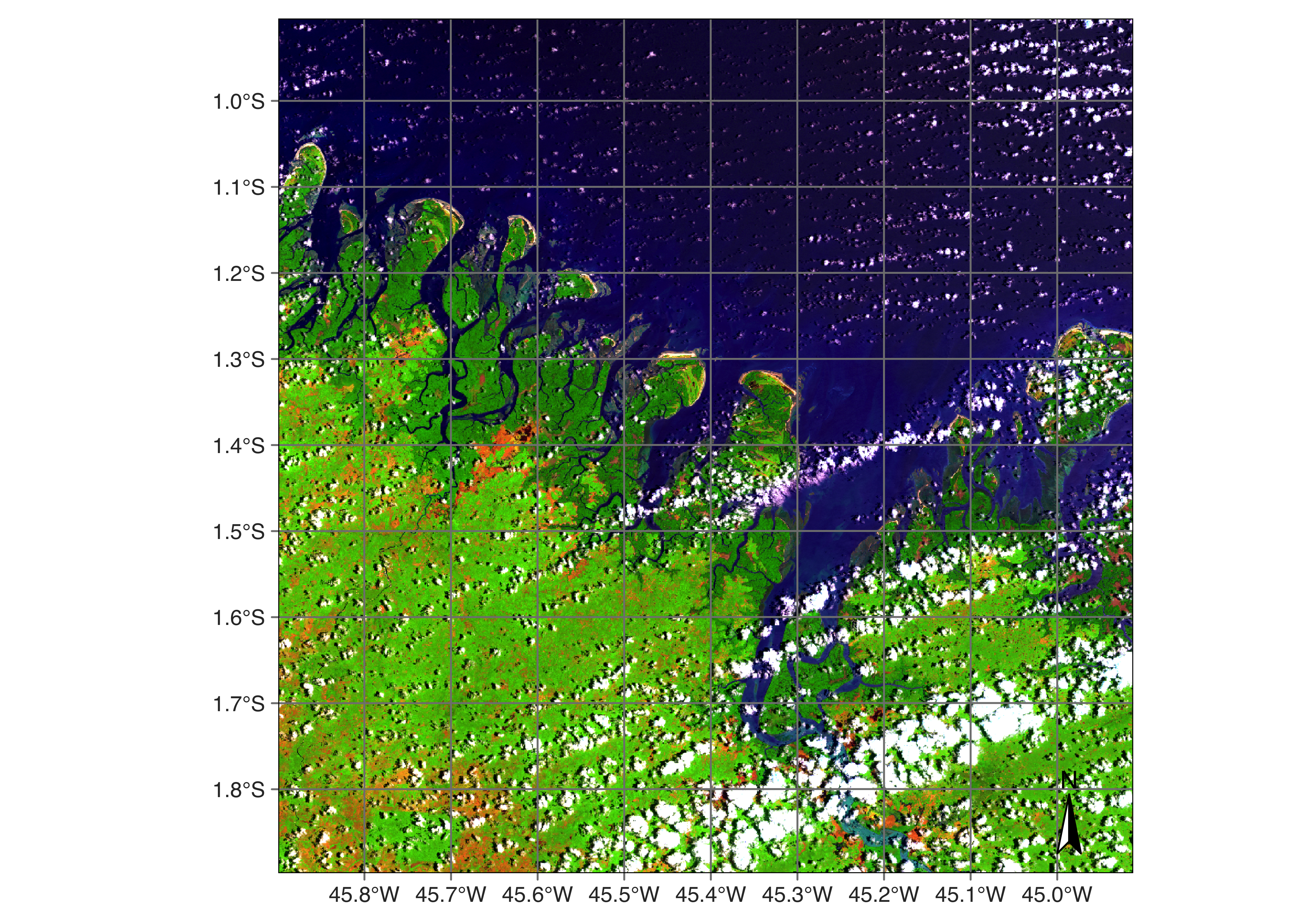 Sentinel-2 image in an area of the Northeastern coast of Brazil (&copy; EU Copernicus Sentinel Programme; source: AWS).