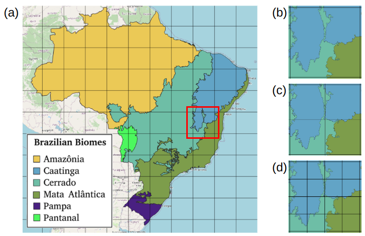 Hierarchical BDC tiling system showing (a) large BDC grid overlayed on Brazilian biomes, (b) one large tile, (c) four medium tiles, and (d) sixteen small tiles (Source: Ferreira et al. (2020). Reproduction under fair use doctrine).