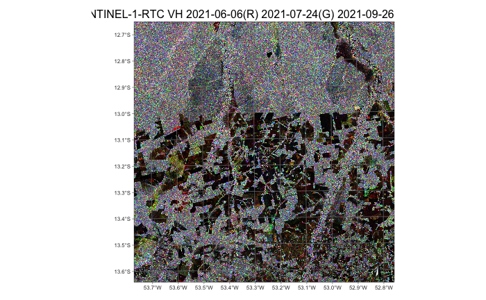 Regular Sentinel-1 image covering tile 22LBL (&copy; EU Copernicus Sentinel Programme; source: Microsoft).