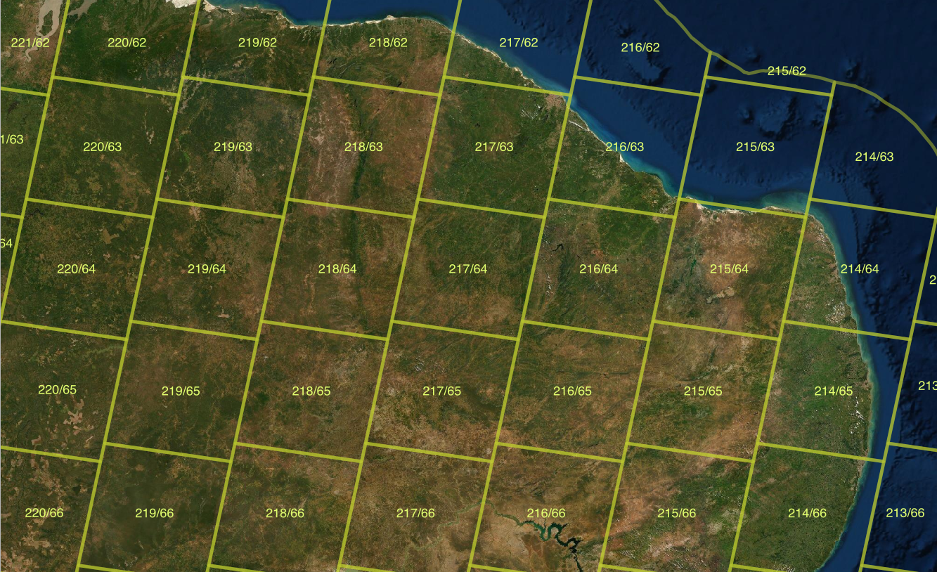 WRS-2 tiling system used by Landsat-5/7/8/9 images (Source: INPE and ESRI. Reproduction based on fair use doctrine).