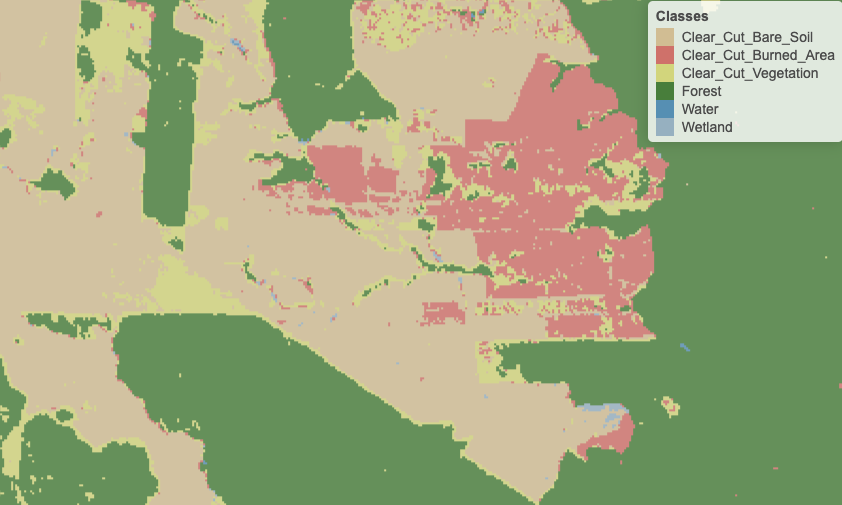 Detail of labelled map produced by pixel-based random forest without smoothing (source: authors)