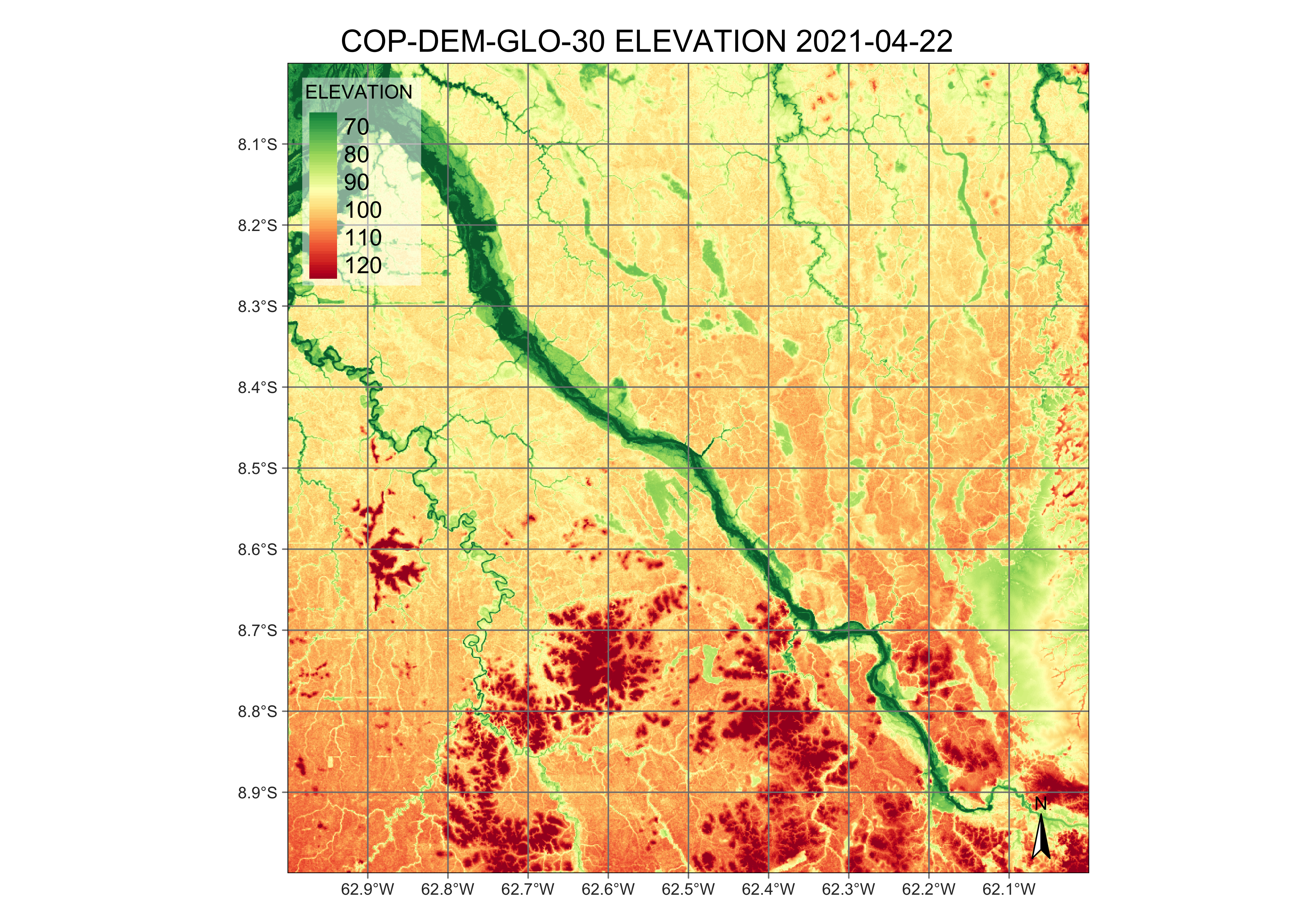 Copernicus 30-meter DEM of an area in Brazil (&copy; DLR e.V. 2010-2014 and &copy Airbus Defence and Space GmbH 2014-2018 provided under COPERNICUS by the European Union and ESA; source: Microsoft).