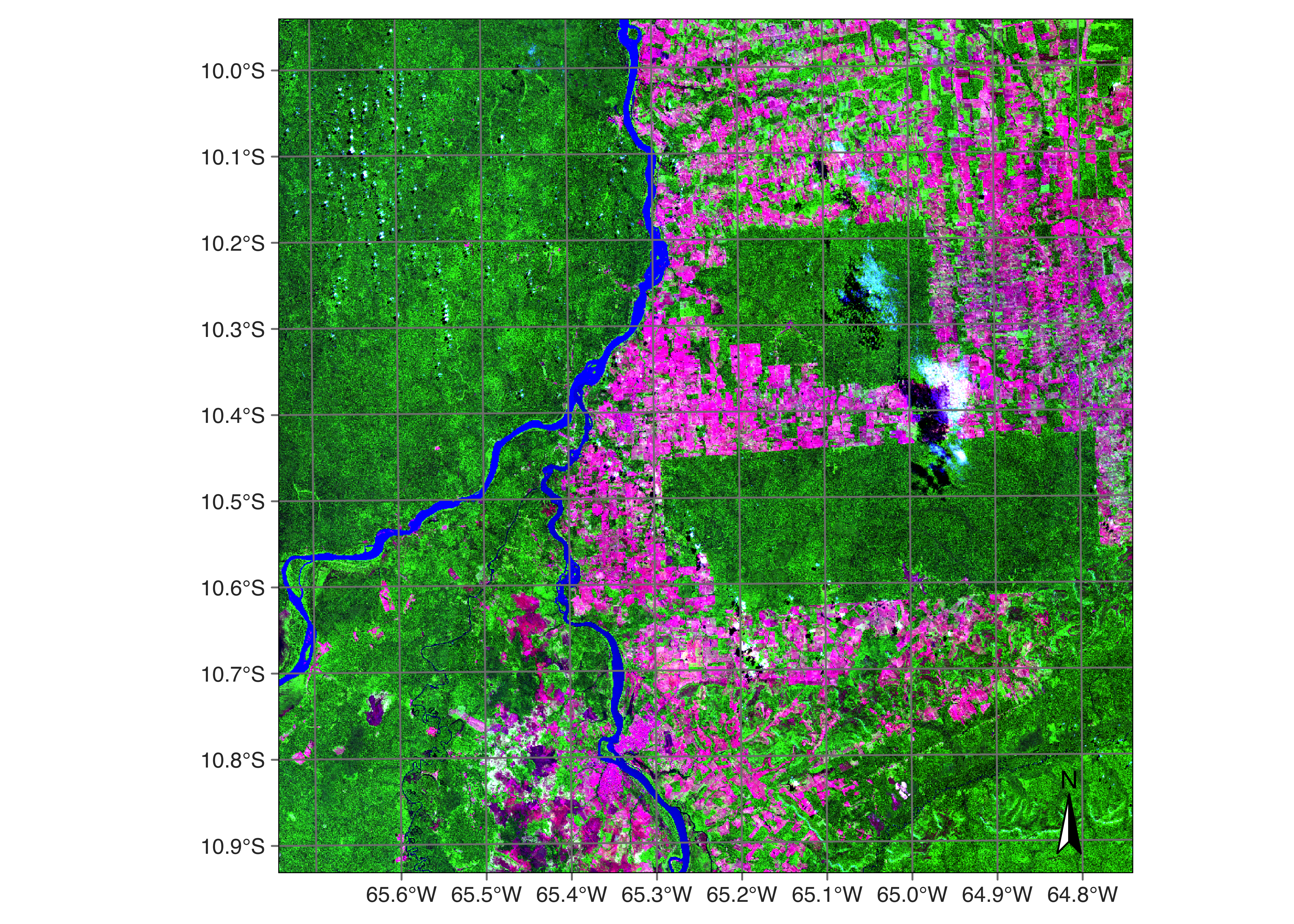 Sentinel-2 image in an area of the state of Rondonia, Brazil (&copy; EU Copernicus Sentinel Programme; source: Microsoft).