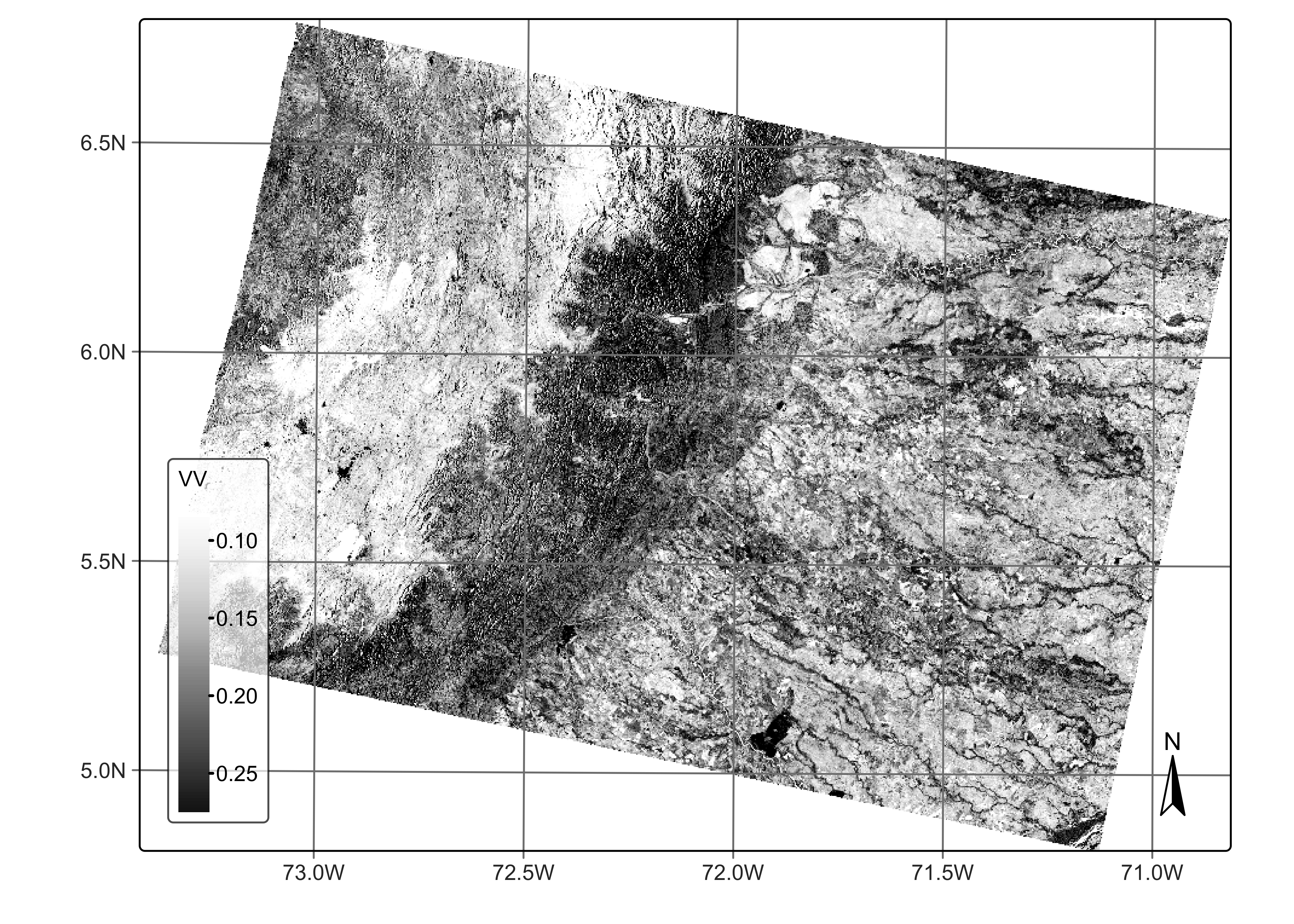 Sentinel-1-RTC image of an area in Colombia (&copy; EU Copernicus Sentinel Programme; source: Microsoft).