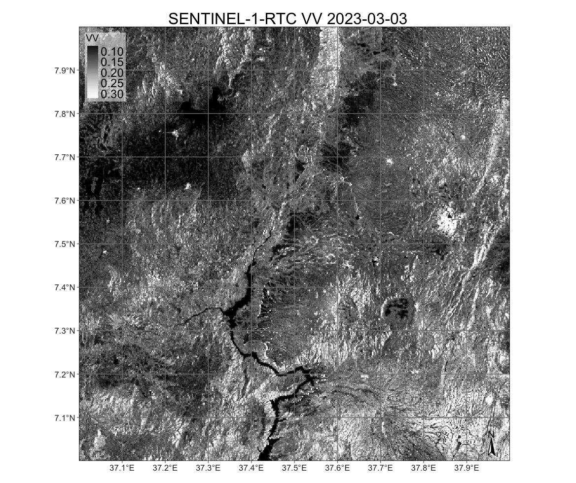 Sentinel-1-RTC image of the Rift Valley in Ethiopia (&copy; EU Copernicus Sentinel Programme; source: CDSE).