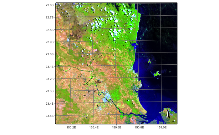 Plot of Sentinel-2 image obtained from the DEAUSTRALIA collection for date 2023-10-14 showing MGRS tile 56KKV (&copy; EU Copernicus Sentinel Programme; source: Digital Earth Australia).