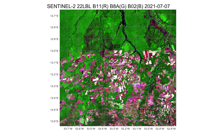 Sentinel-2 image covering tile 22LBL (&copy; EU Copernicus Sentinel Programme; source: authors).