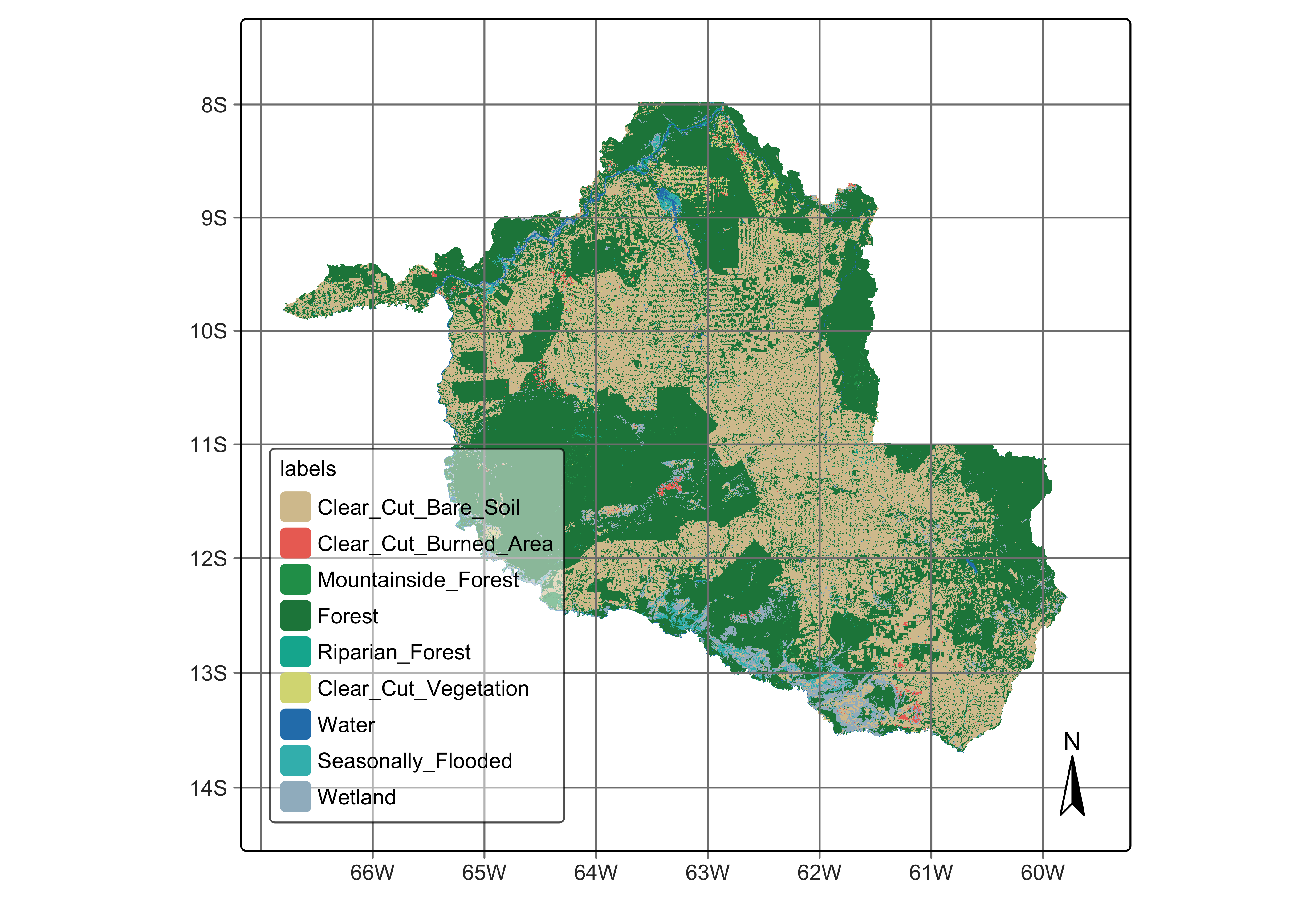 Classified mosaic for land cover in Rondonia, Brazil for 2022 (source: authors).