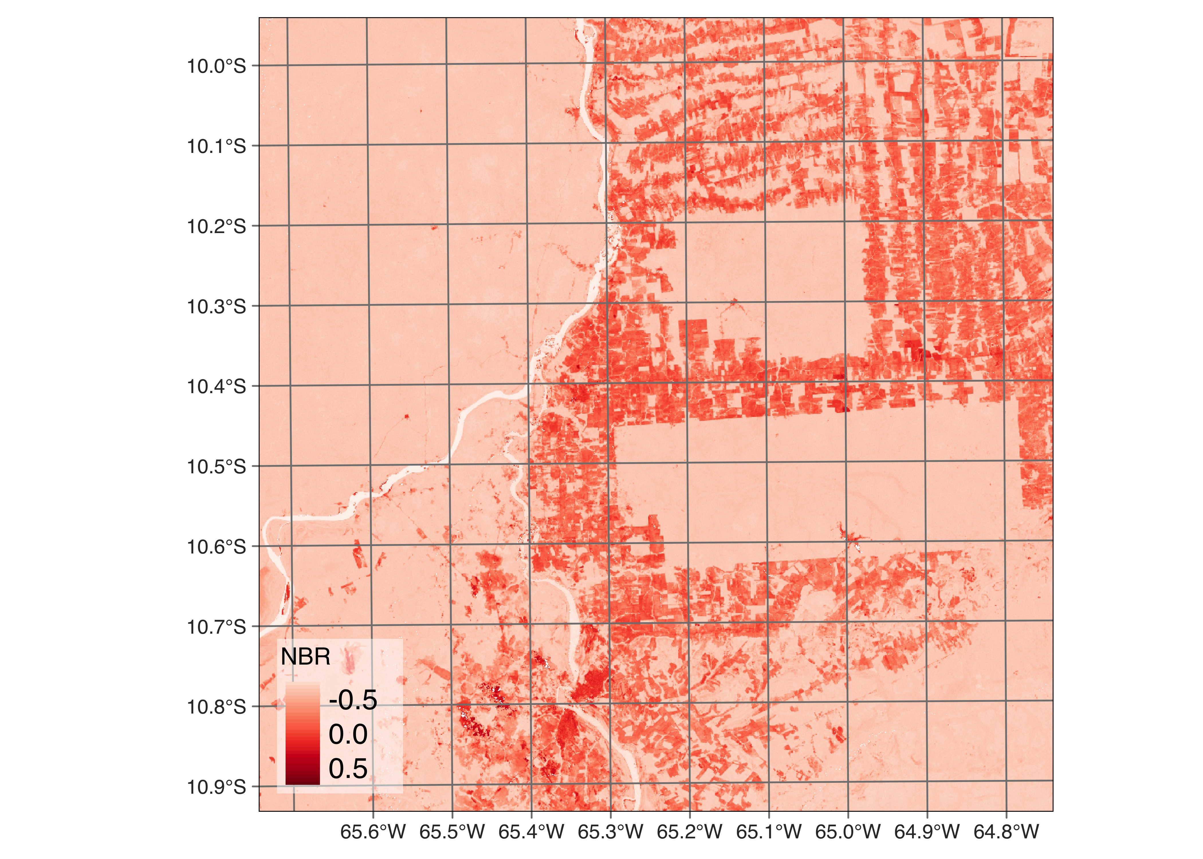 NBR ratio for a regular data cube built using Sentinel-2 tiles and 20LKP and 20LLP (Source: Authors).